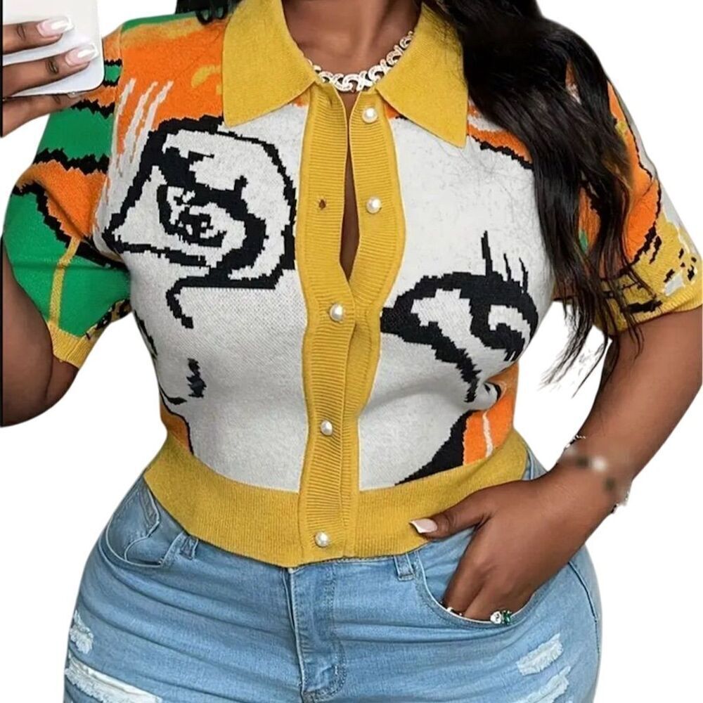 Y2k Trendy Multicolor Graphic Crop Button Up Sweater Cardigan L Cartoon Spring - Picture 6 of 11